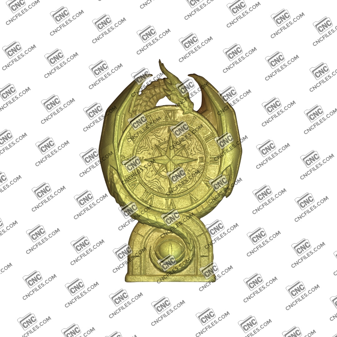 An image of a CNC file showing a dragon-themed table compass clock designed as a decorative and functional desk item.