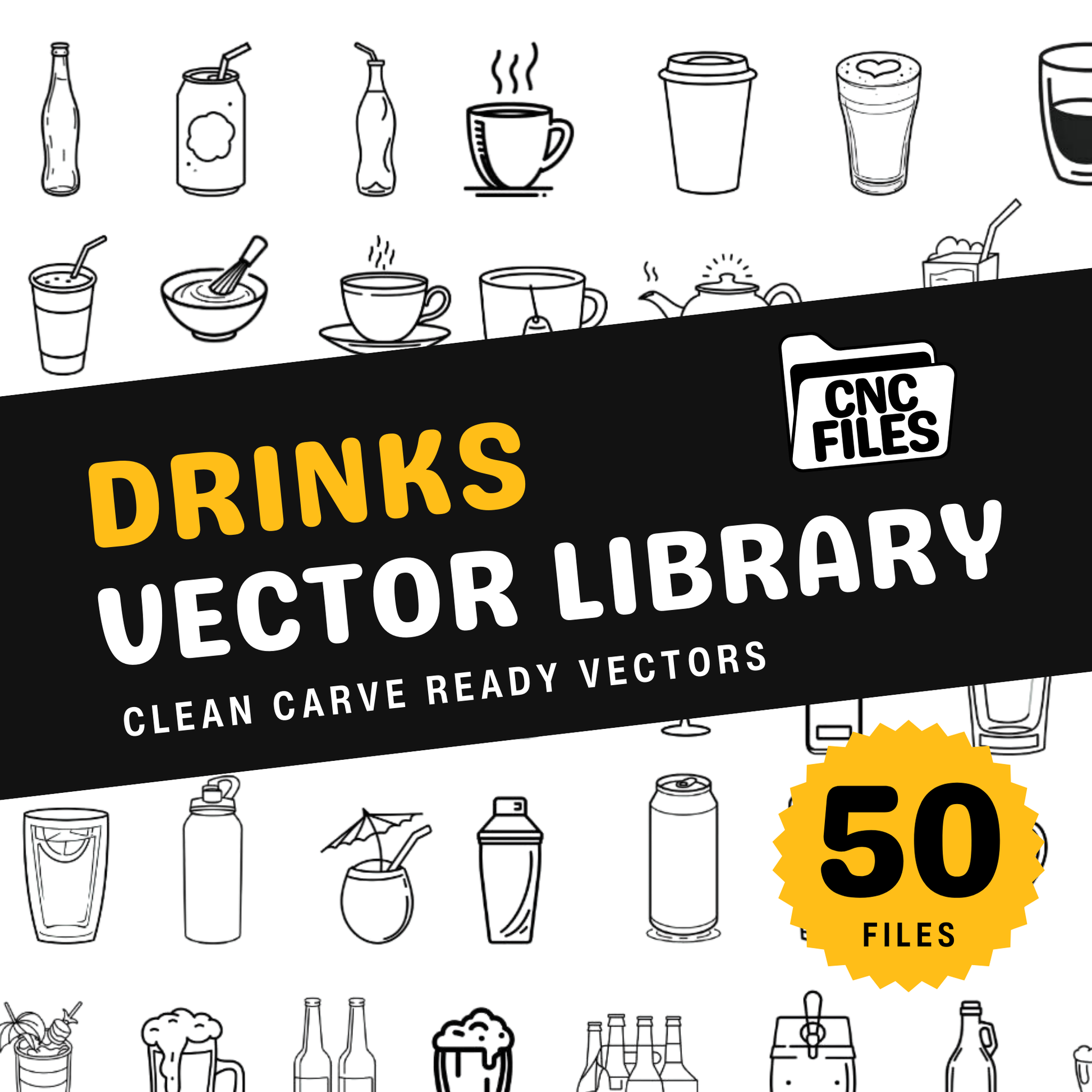 an image of the drinks CNC Vector Library cover containing lots of beverage themed line drawings