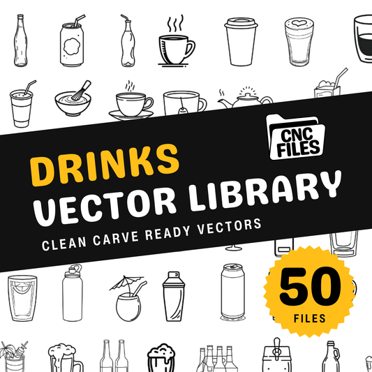 an image of the drinks CNC Vector Library cover containing lots of beverage themed line drawings