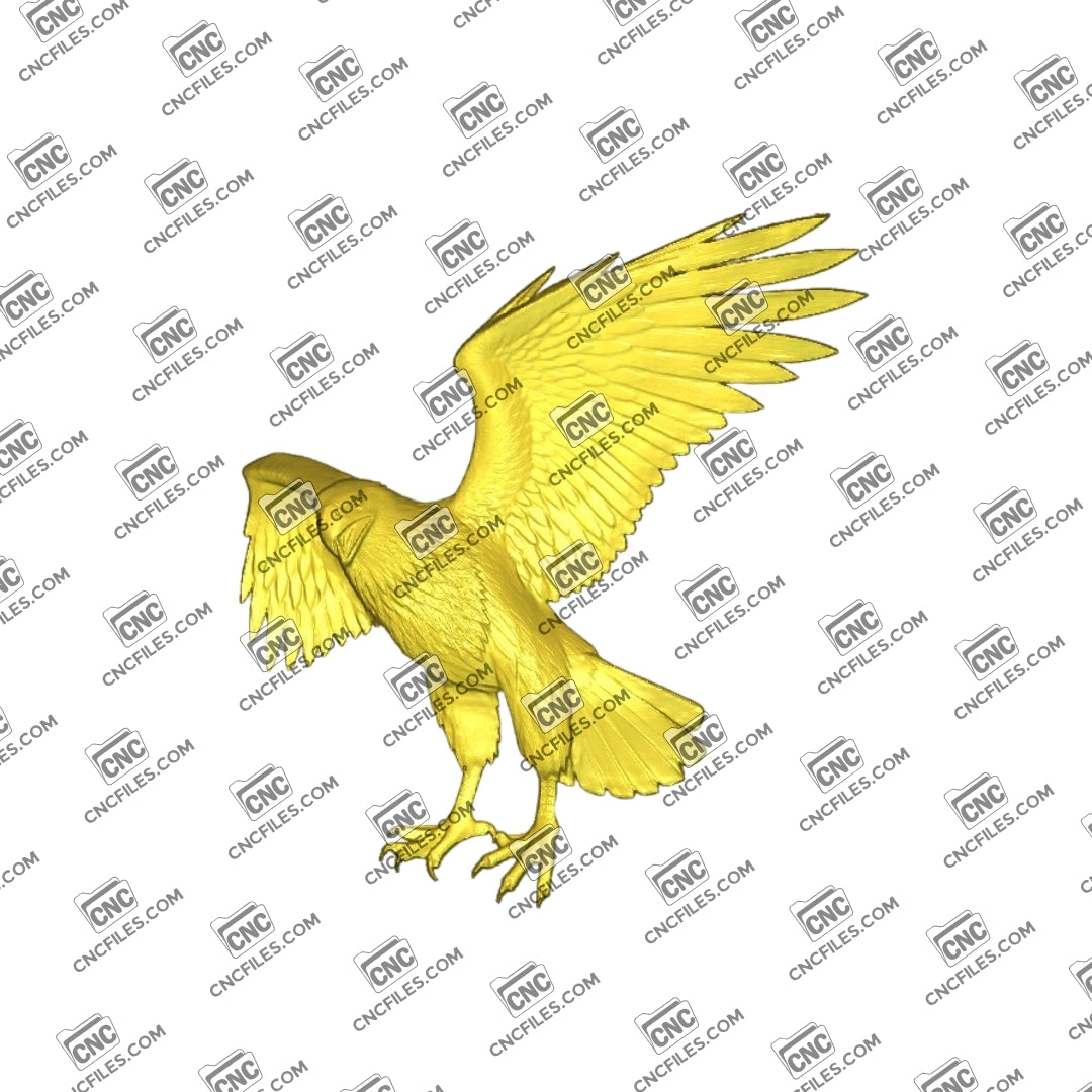 An image of a CNC file showing the Eagle 5 design and a 3D render of the file showing a detailed, lifelike eagle perfect for carving, signs, or decorations.