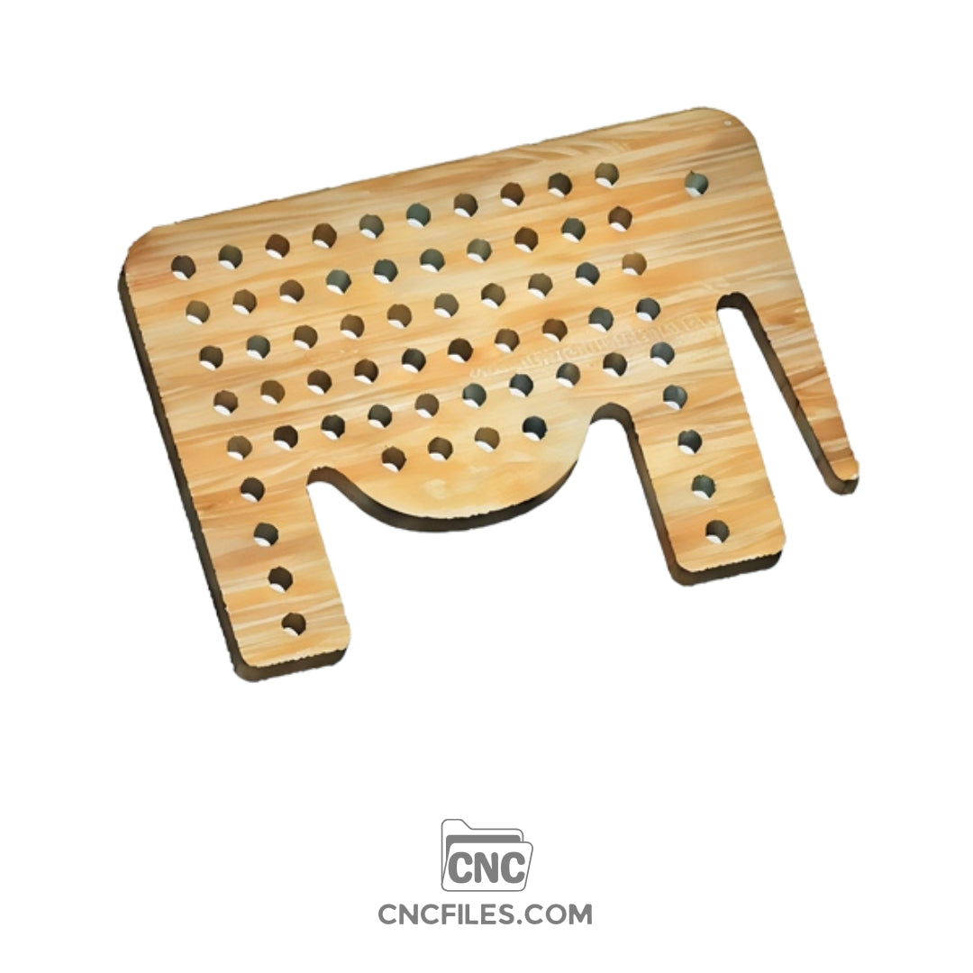 An image of a CNC file showing an elephant lacing toy design with holes for threading.