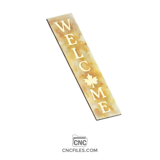 An image of a CNC file showing a Fall Leaf Welcome Porch Board design with carved leaves and the word “Welcome".