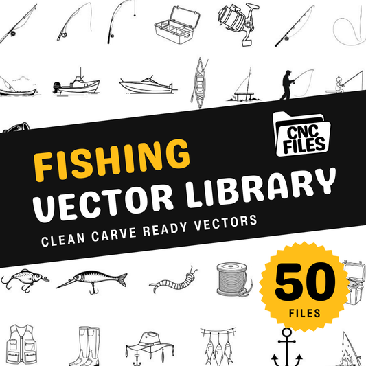 an image of the Fishing CNC Vector Library cover containing lots of fishing themed line drawings