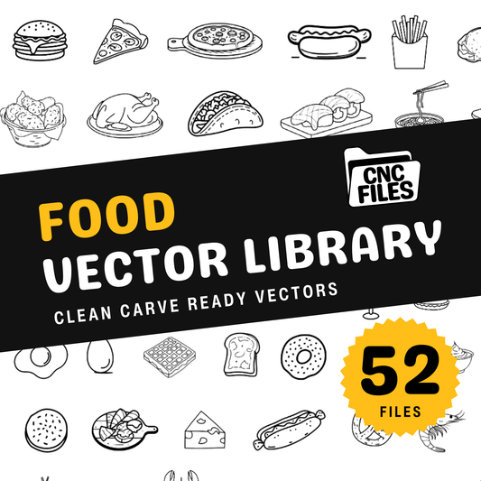an image of the Food CNC Vector Library cover containing lots of food themed line drawings