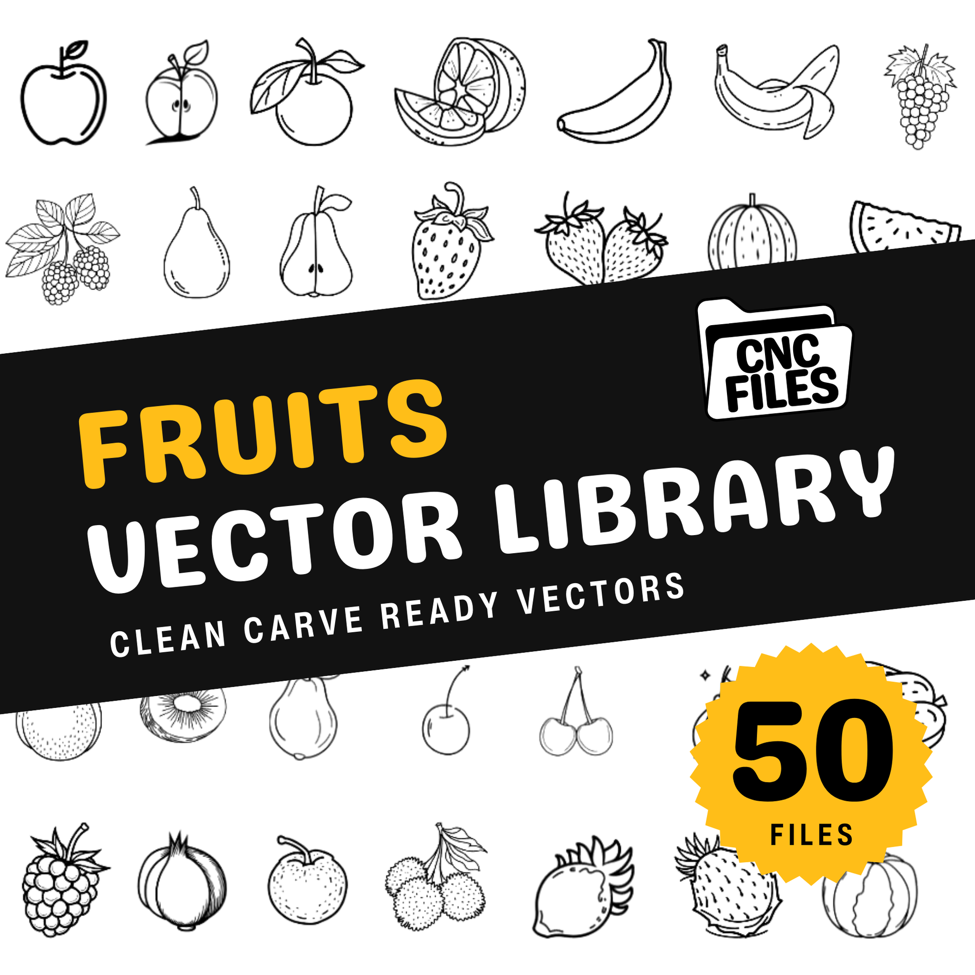 an image of the Fruit CNC Vector Library cover containing lots of fruit themed line drawings