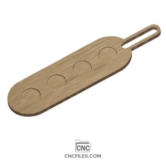 An image of a CNC file showing a wooden gap handle beer flight board with four round slots for serving craft beer.
