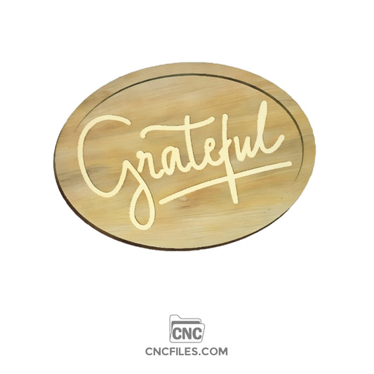 An image of a CNC file showing oval wooden tray with ‘Grateful’ engraved in script font, rustic farmhouse design.