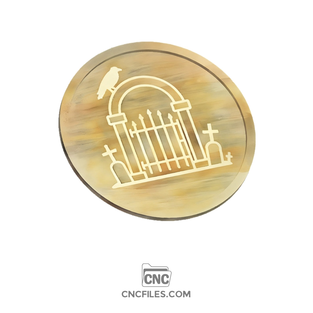 An image of a CNC file showing a Graveyard Gate Halloween Tray with spooky gate details and gravestones.