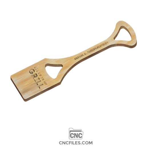 An image of a CNC file showing a "Grill Scraper - All Up In My Grill" design, crafted for easy use in cleaning grill grates.