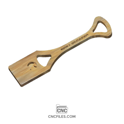 An image of a CNC file showing a grill scraper with a built-in bottle opener, designed for easy cutting and engraving.