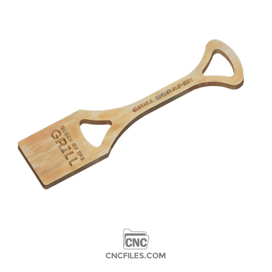 An image of a CNC file showing a Grill Scraper design with the text "Queen of the Grill," featuring a functional cutout shape for easy grilling use.