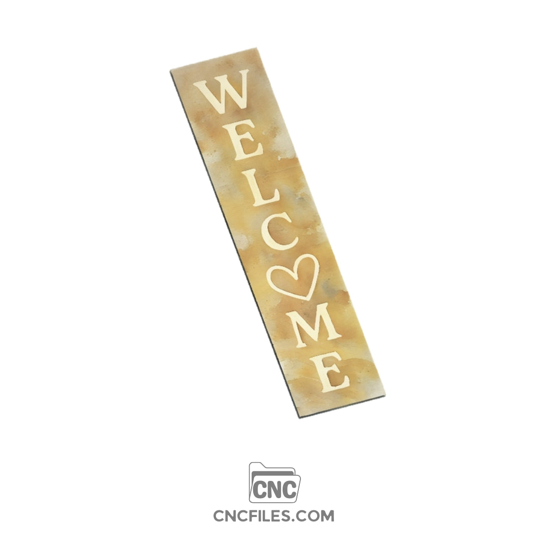 An image of a CNC file showing a Heart Welcome Porch Board design with decorative heart details and the word “Welcome” vertically arranged.