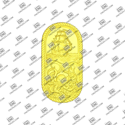 An image of a 3D CNC file showing a detailed Kraken Ship 1 design, perfect for carving dramatic nautical décor or themed woodworking projects.
