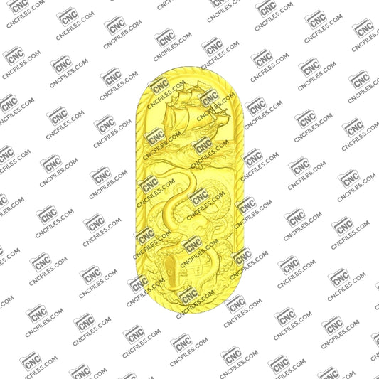 An image of a 3D CNC file showing a detailed Kraken Ship 2 design. This digital model features a ship being captured by a giant kraken, perfect for carving dramatic nautical décor.