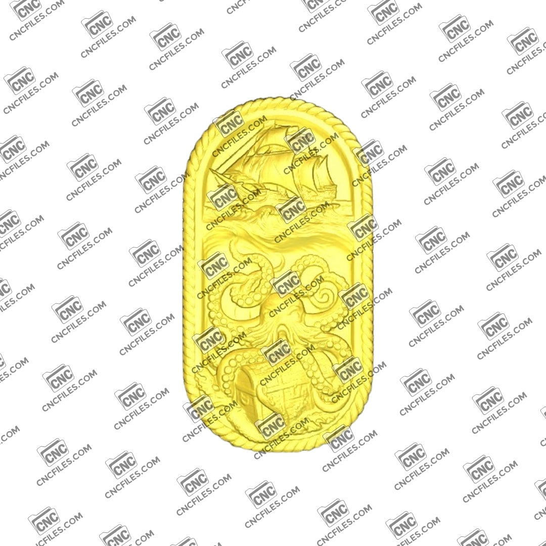 An image of a 3D CNC file showing a detailed Kraken Ship 3 design. This digital model features a ship being captured by a giant kraken, perfect for carving dramatic nautical décor.