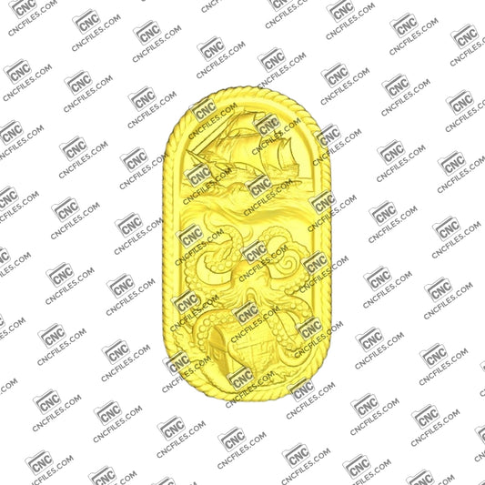 An image of a 3D CNC file showing a detailed Kraken Ship 3 design. This digital model features a ship being captured by a giant kraken, perfect for carving dramatic nautical décor.