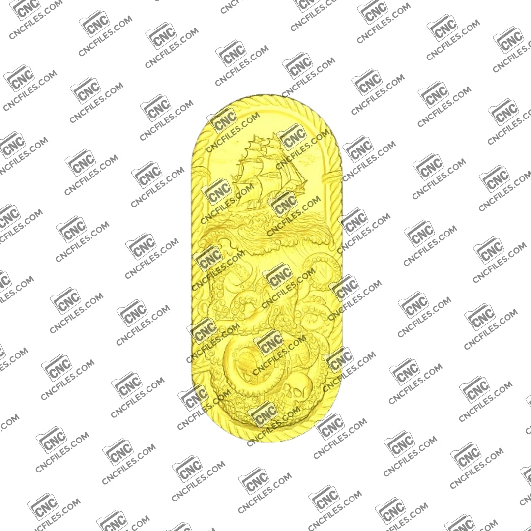 An image of a 3D CNC file showing a detailed Kraken Ship 4 design. This digital model features a ship being captured by a giant kraken, perfect for carving dramatic nautical décor.