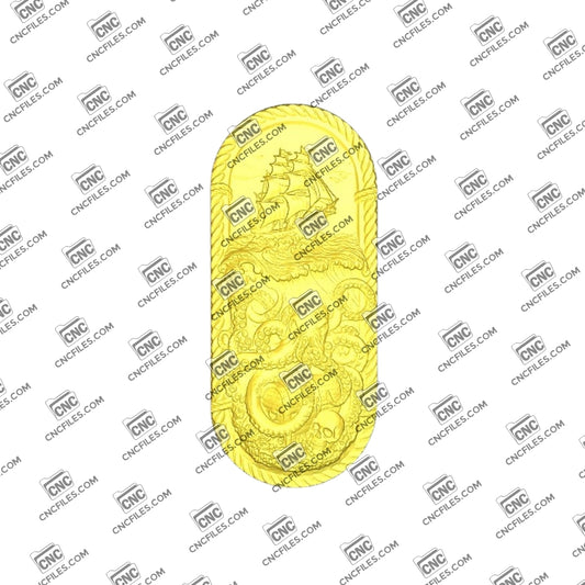 An image of a 3D CNC file showing a detailed Kraken Ship 4 design. This digital model features a ship being captured by a giant kraken, perfect for carving dramatic nautical décor.