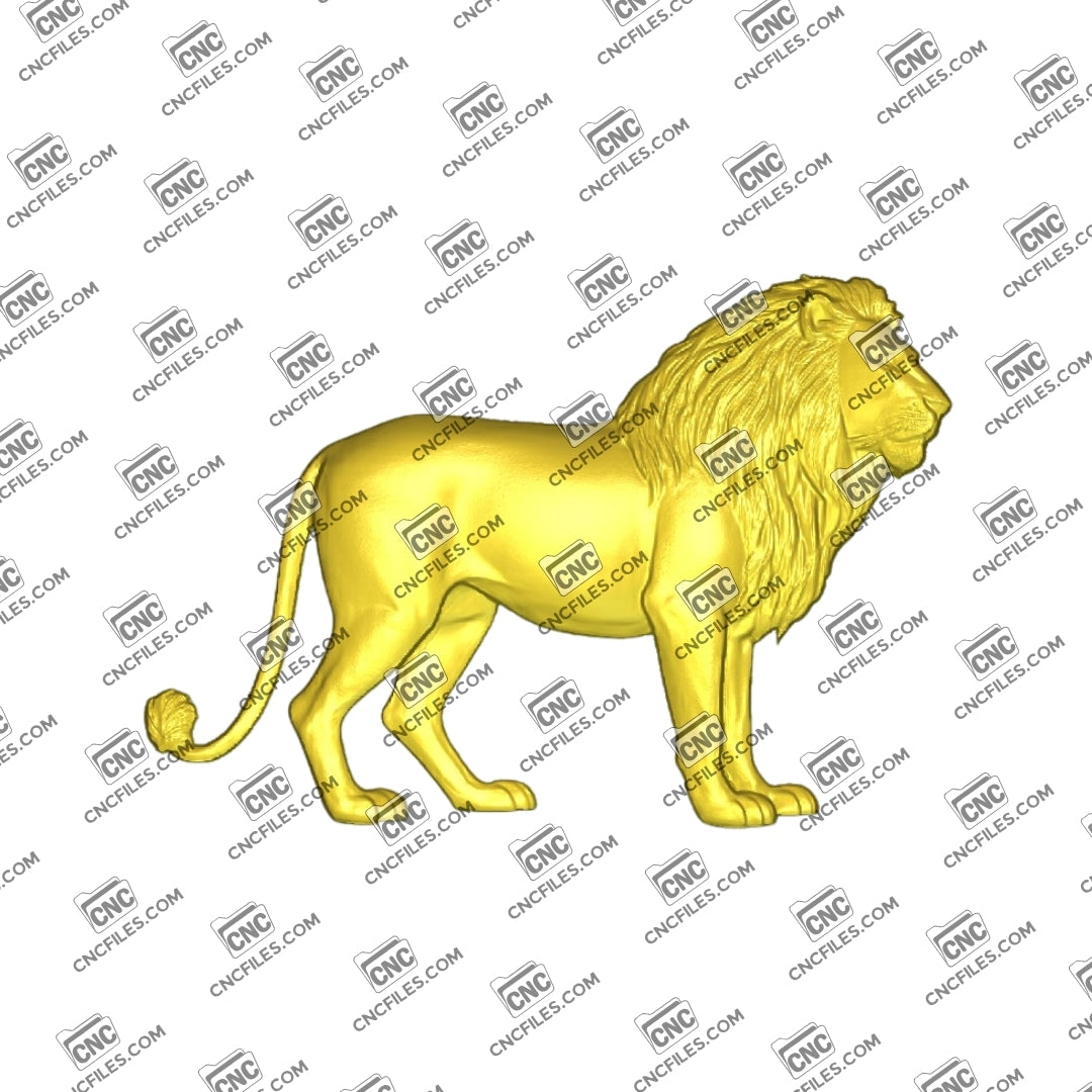 An image of 3D CNC file showing a lion standing in a majestic pose. Perfect for carving, home decor, or art projects.
