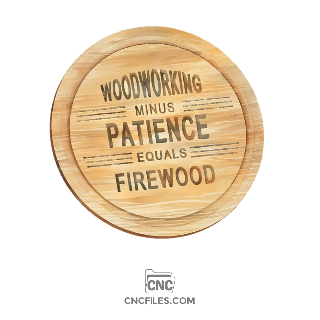 An image of a CNC file showing a circular sign with the words "woodworking minus patience equals firewood" engraved on it