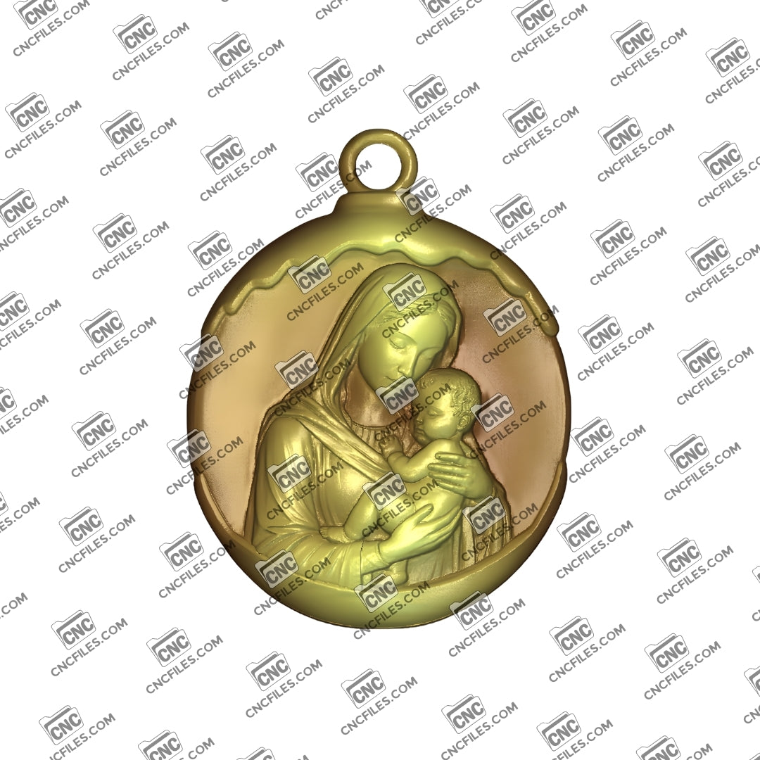 An image of a CNC file showing a detailed Mary and Baby Jesus Ornament, perfect for holiday or religious décor.