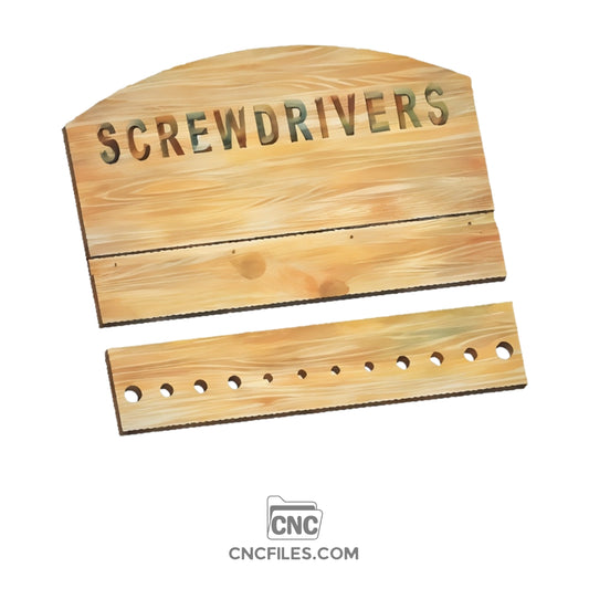 An image of a CNC file showing a minimalist screwdriver holder with organized slots designed for clean tool storage.