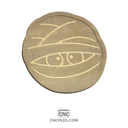 An image of a CNC file showing a Mummy Head design of a bandaged face in circular tray