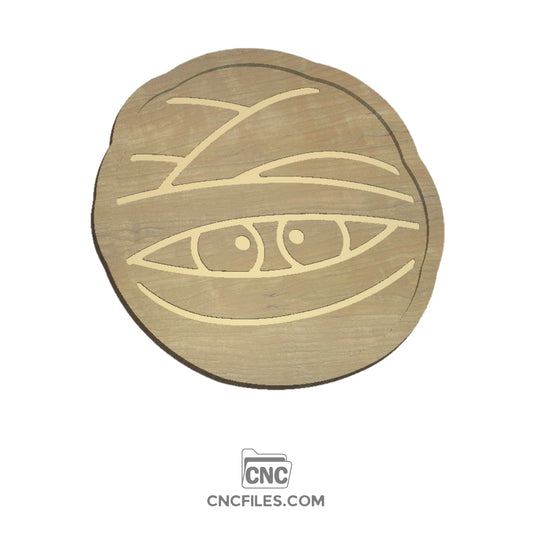 An image of a CNC file showing a Mummy Head design of a bandaged face in circular tray
