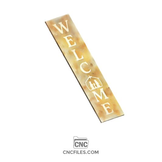 An image of a CNC file showing a Nativity Welcome Porch Board design featuring the Holy Family, star, and welcome text.