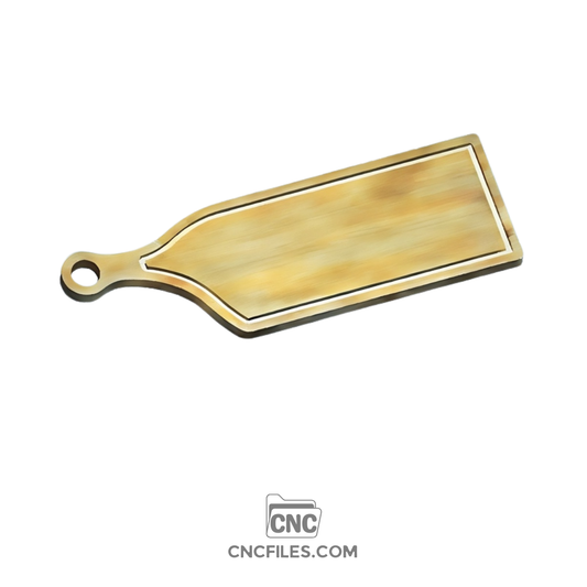 An image of a CNC file showing a natural wood cheeseboard with a handle and a carved juice groove around the edge.