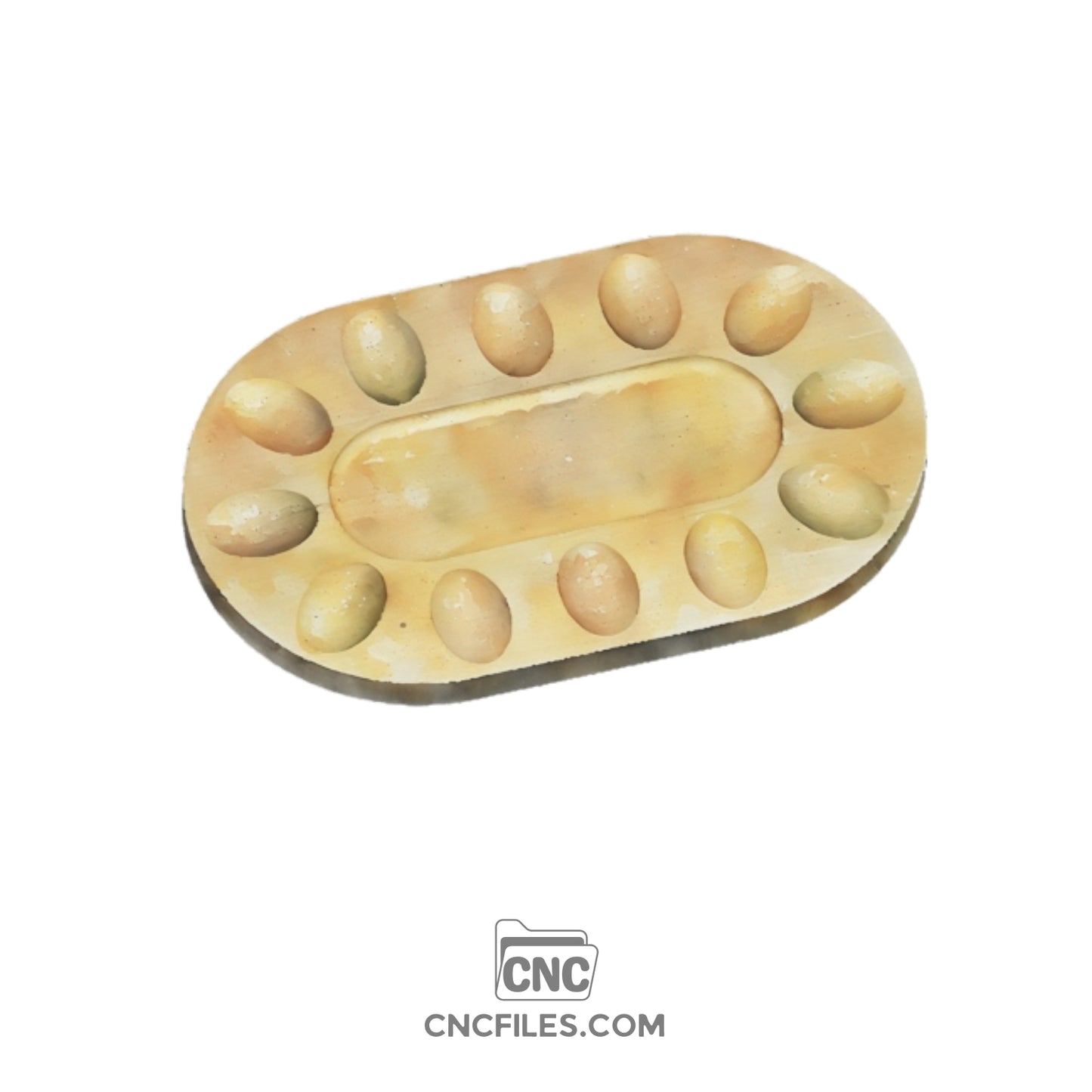 An image of a CNC file showing an Oval Deviled Egg Tray designed to neatly hold multiple deviled eggs in a smooth, oval layout.