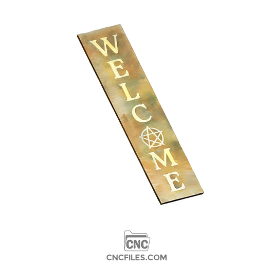 An image of a CNC file showing a Pentagram Welcome Porch Board design with detailed cutout patterns.