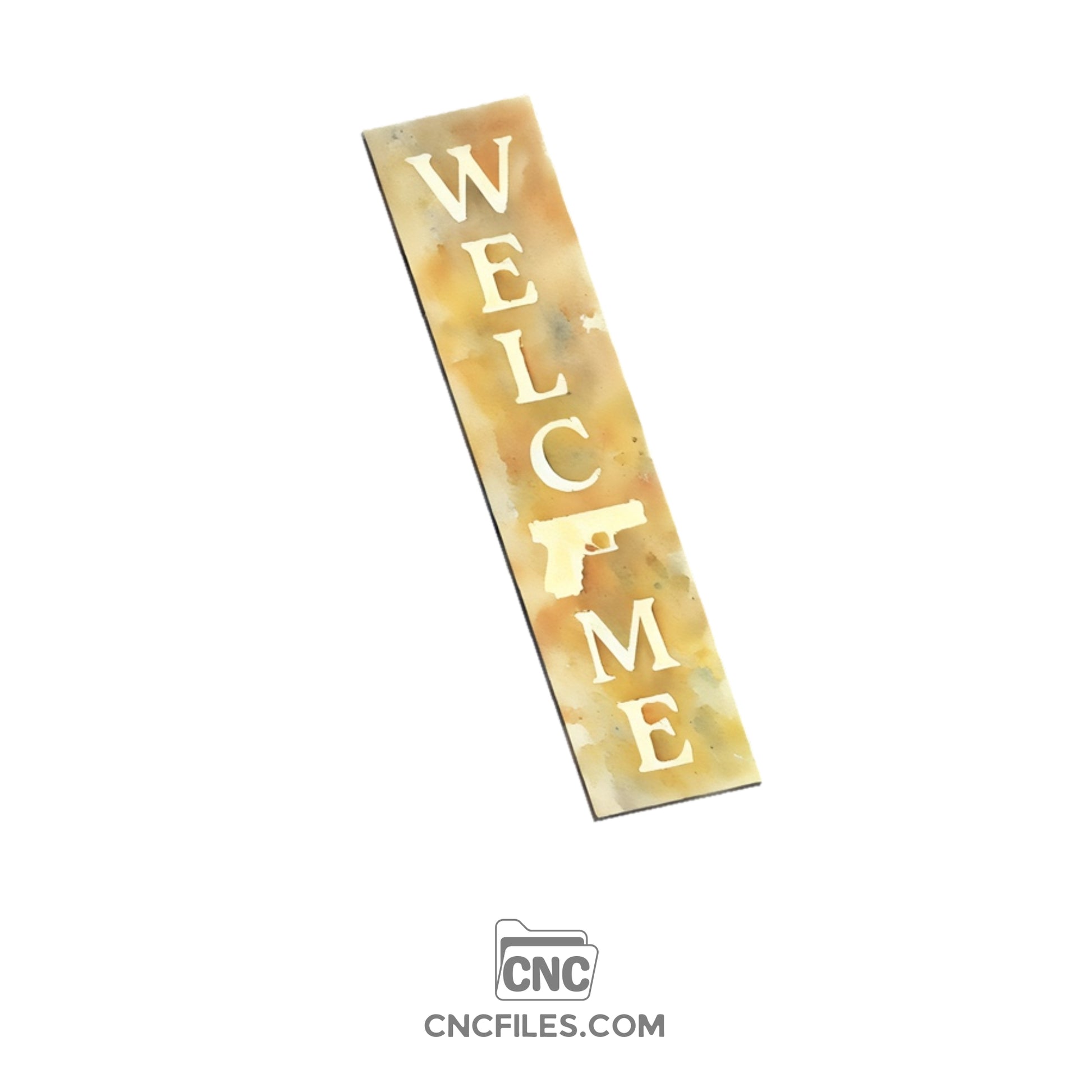An image of a CNC file showing a Pistol Welcome Porch Board design with a detailed pistol graphic and the word “Welcome”.