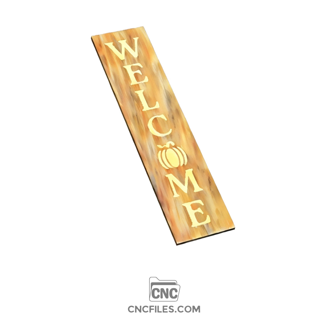 An image of a CNC file showing a Pumpkin Welcome Porch Board design with carved pumpkin shapes and text, perfect for seasonal home decor.