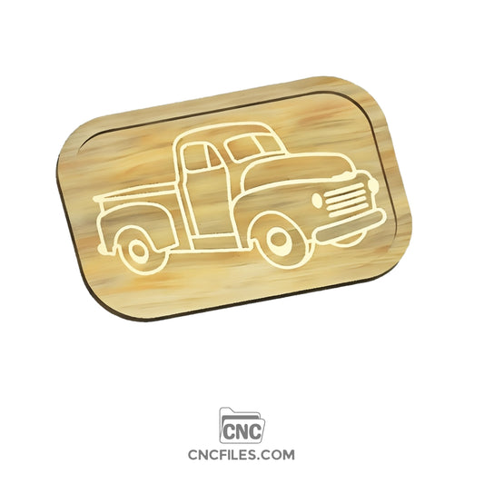 An image of a CNC file showing a rectangular tray with an antique farm truck engraved in the base.