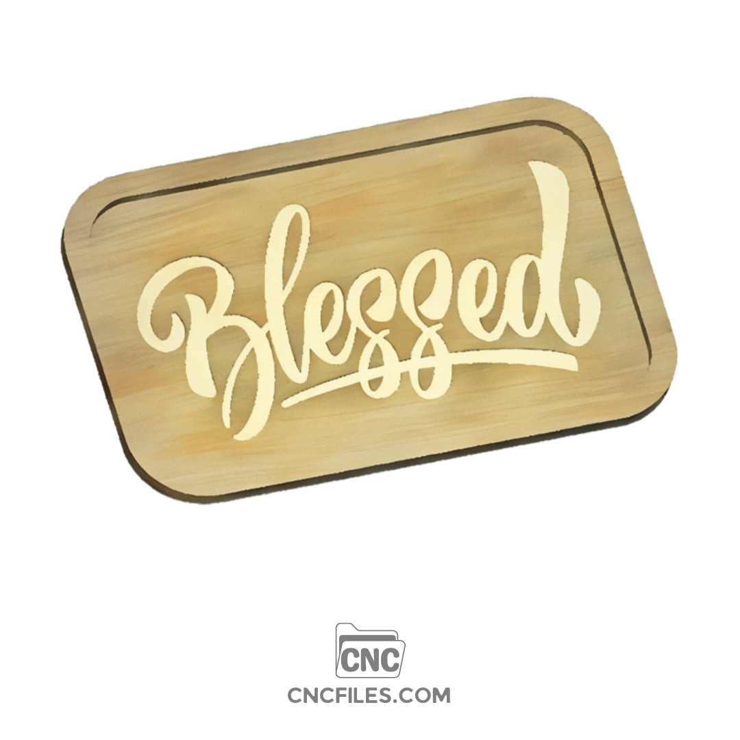 An image of a CNC file showing a rectangular Thanksgiving tray with the word “Blessed” engraved in the center.