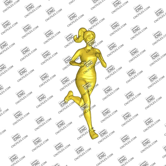 An image of a 3D CNC file showing a running woman in a smooth, detailed relief design.