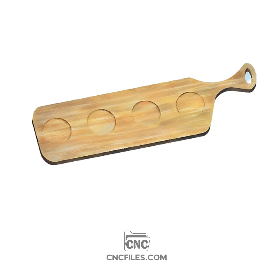 An image of a CNC file showing showing a rustic beer flight with neatly arranged wooden style cutouts for glasses.