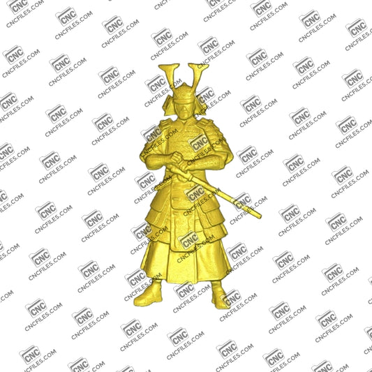 An image of 3D CNC file showing Samurai 1, and 3D render of CNC file showing a detailed samurai design.