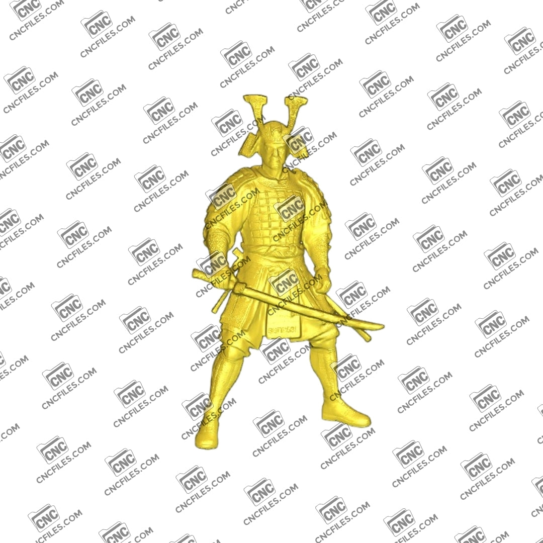 An image of 3D CNC file showing Samurai 2, and 3D render of CNC file showing a detailed samurai design.