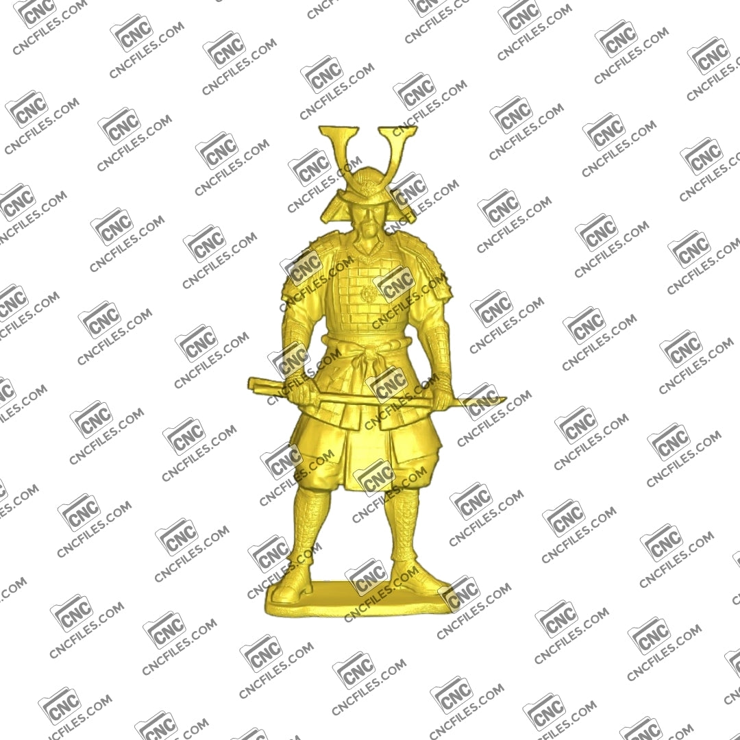 An image of 3D CNC file showing Samurai 3, and 3D render of CNC file showing a detailed samurai design