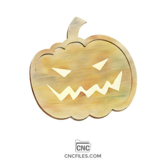 An image of a CNC file showing a scary Jack-o'-Lantern Halloween tray design with a carved pumpkin face.