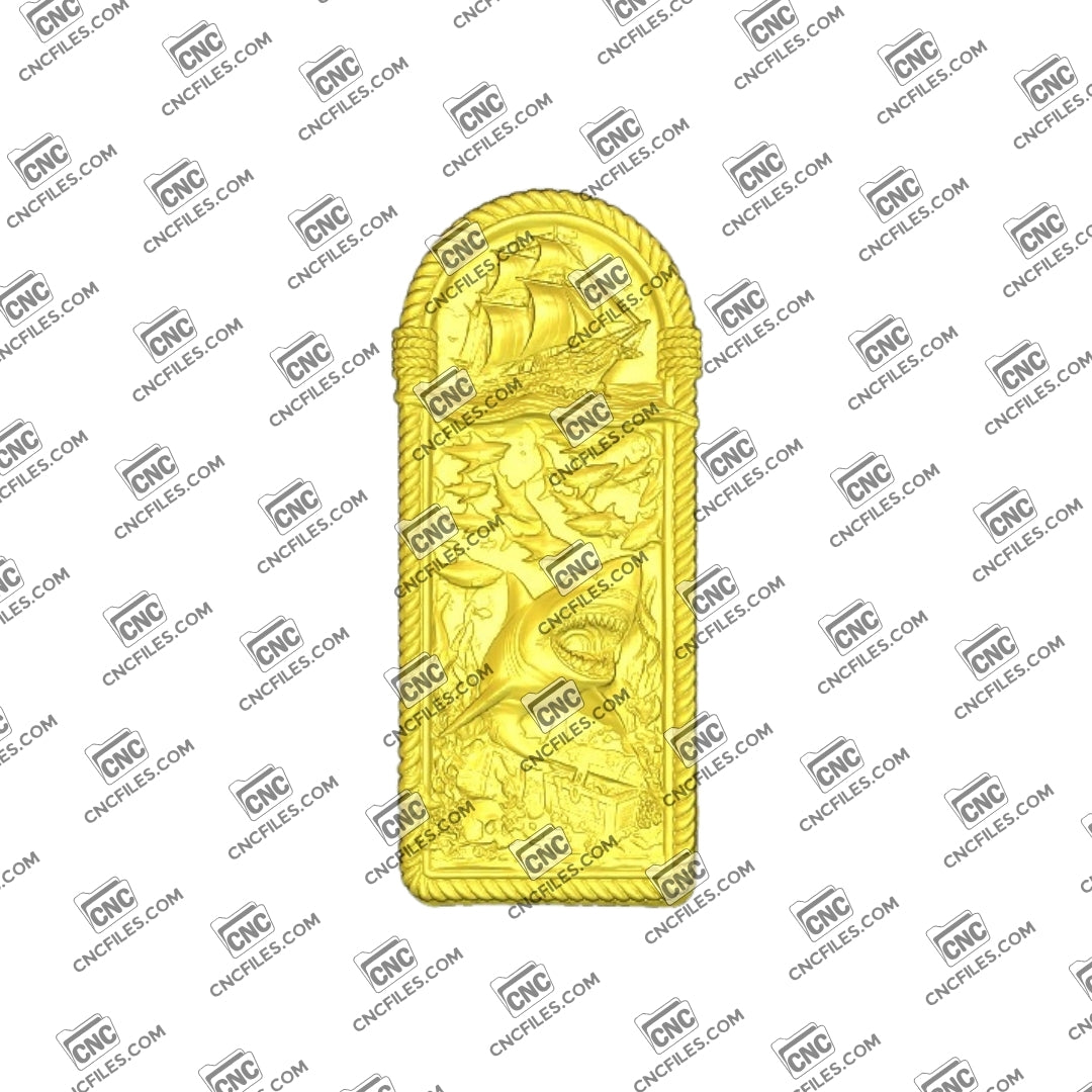An image of 3D CNC file showing Shark Ship 1 design, showing a detailed shark-themed ship model, perfect for carving or decoration.