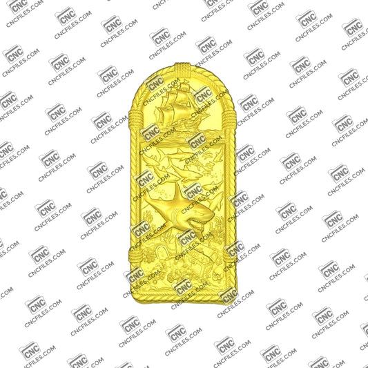 An image of 3D CNC file showing Shark Ship 2 design, showing a detailed shark-themed ship model, perfect for carving or decoration.