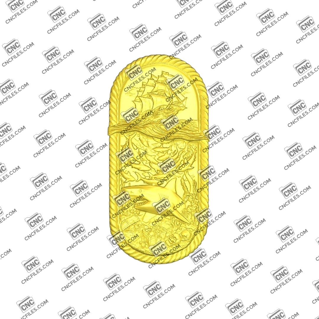An image of 3D CNC file showing Shark Ship 3 design, and 3D render of CNC file showing a detailed shark-themed ship model, perfect for carving or decoration.