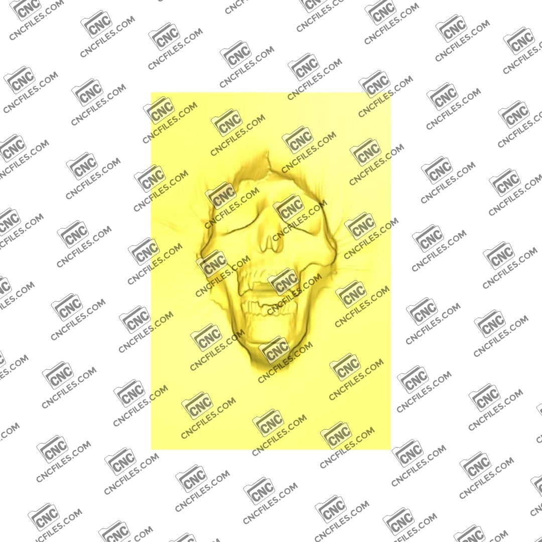 An image of 3D CNC file showing a detailed Silk Skull. 3D render of CNC file for carving, decoration, or artistic projects
