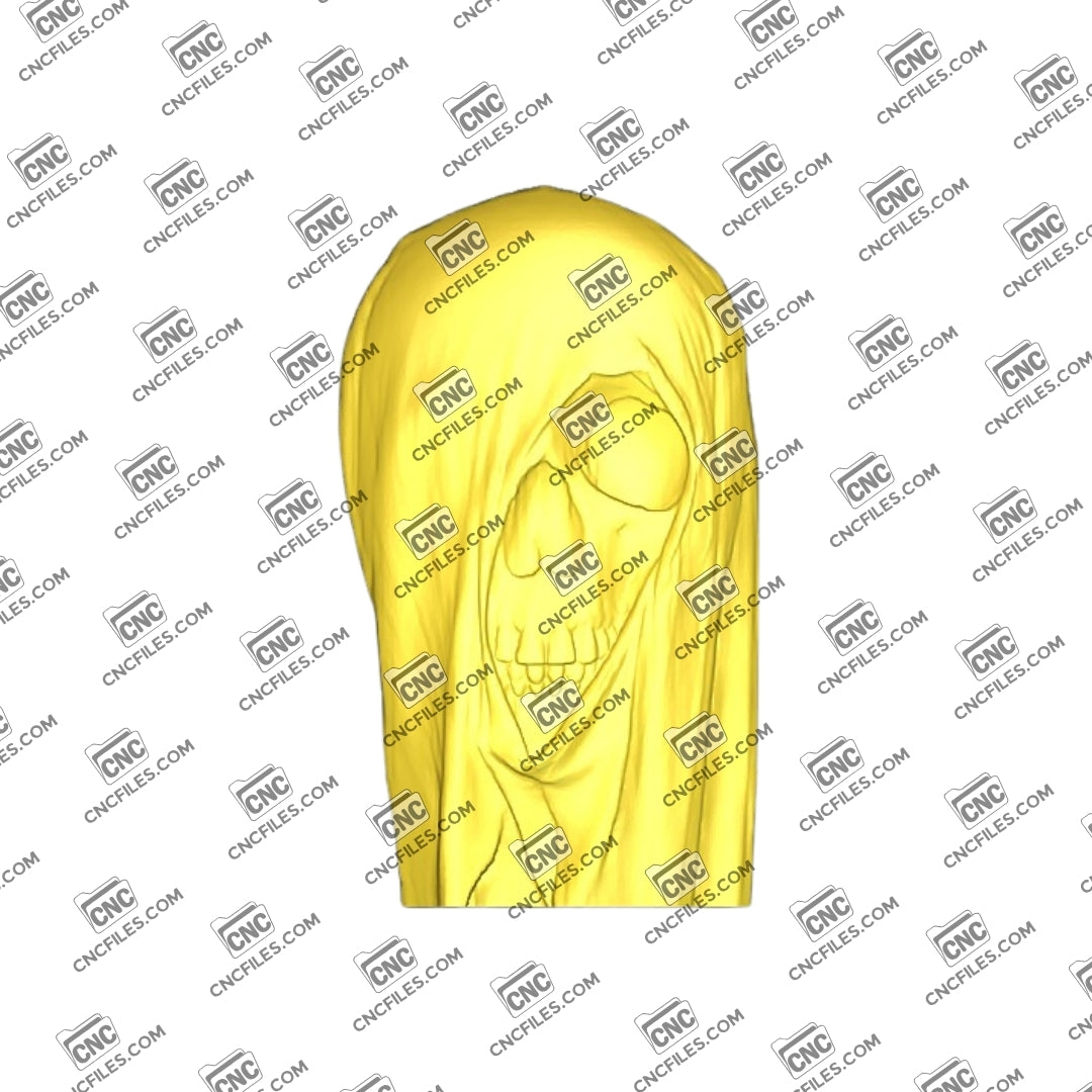 An image of a 3D CNC file showing the “Silk Skull 3” design, featuring a smooth and detailed skull relief perfect for carving.