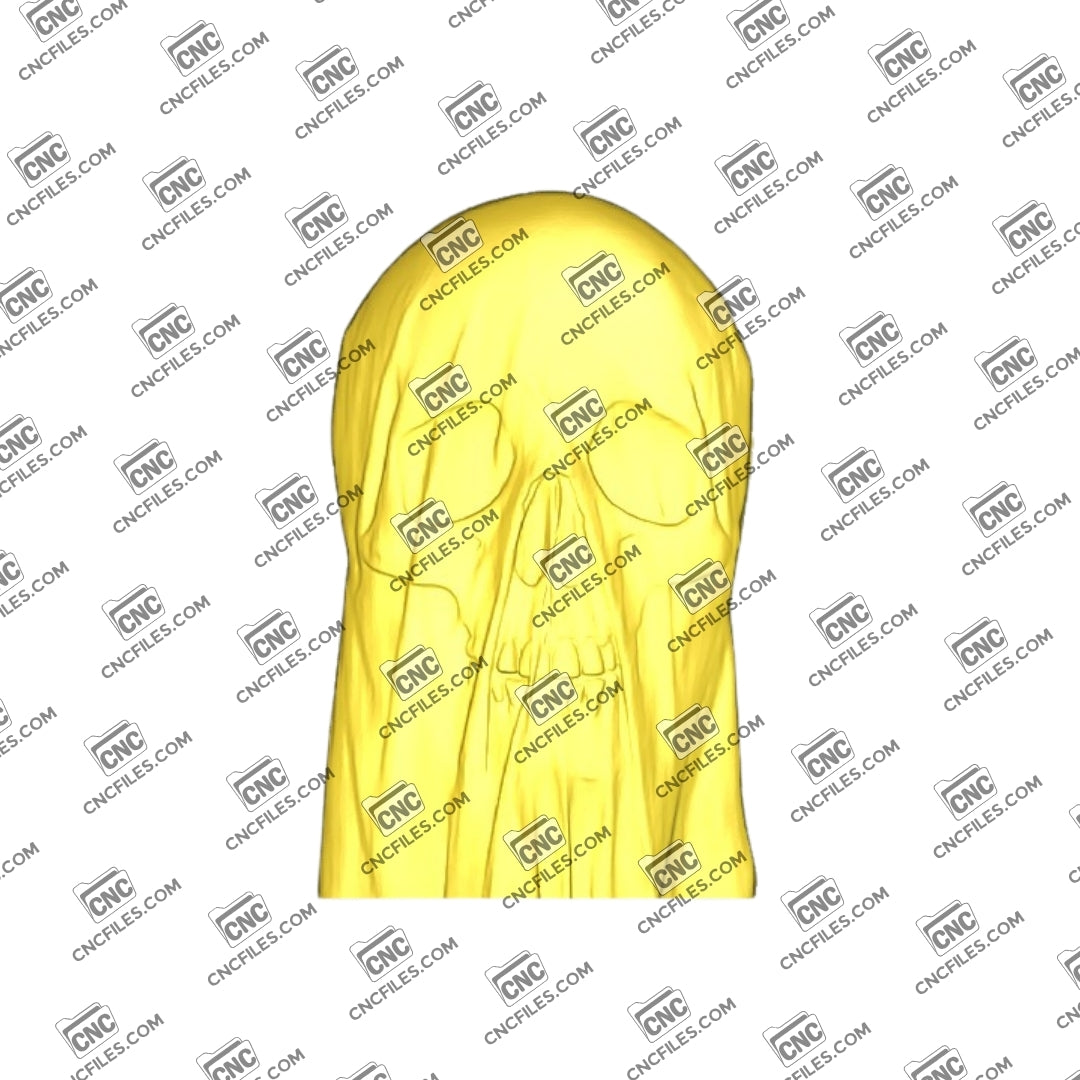 An image of a 3D CNC file showing the “Silk Skull 4” design, featuring a smooth and detailed skull relief perfect for carving.