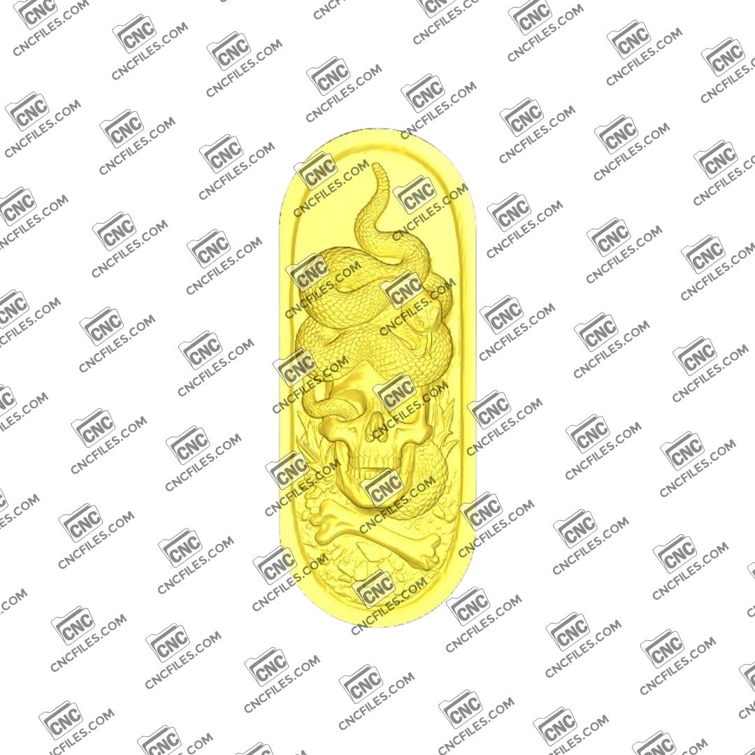 An image of a 3D CNC file showing a Skull Snake 1 design, featuring a detailed skull wrapped by a coiled snake.