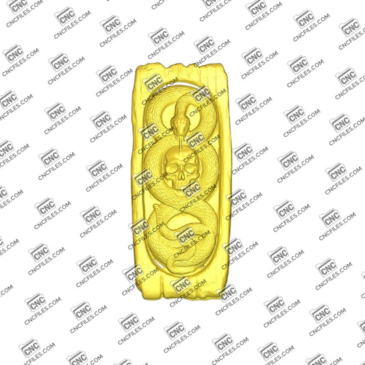 An image of a 3D CNC file showing a Skull Snake 2 design, featuring a detailed skull wrapped by a coiled snake.